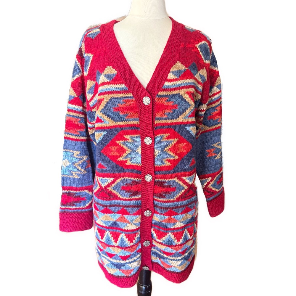 Coldwater Creek Red and Blue Geometric Cardigan
